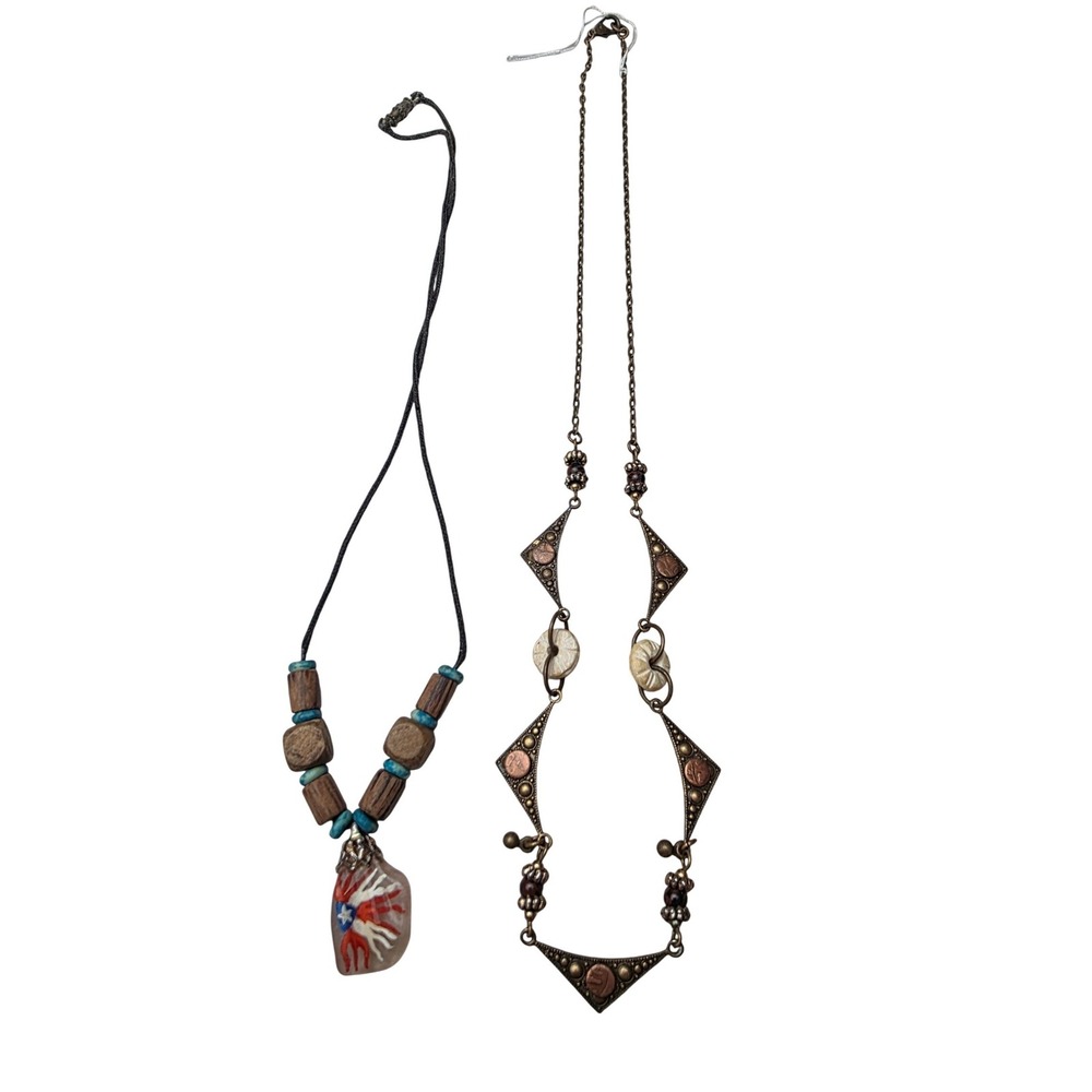 Boho Necklace Set Puerto Rico Flag Wood Bead Brass Geometric Jewelry K2